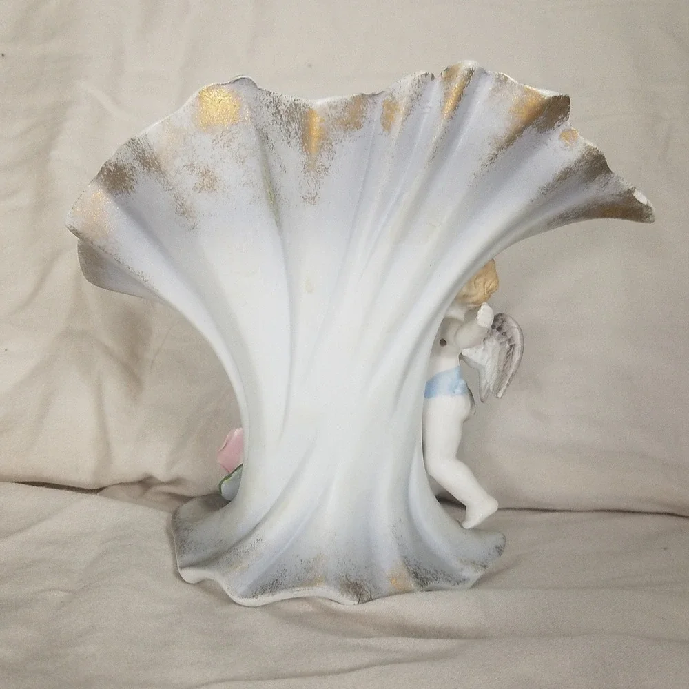 Vintage Cherub Figural Vase Japan White Pink Good Gold Trim Porcelain Angel Rose
